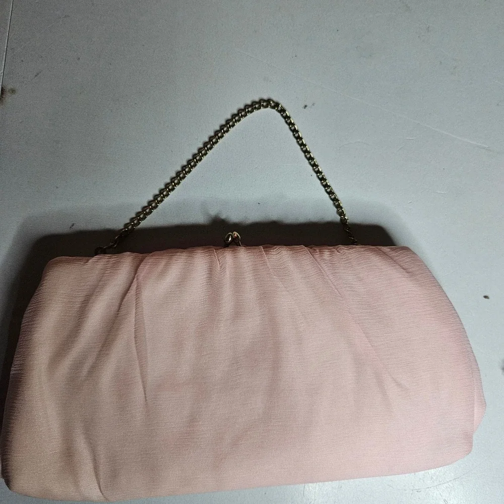 Vintage HL USA Blush Pink Chiffon Evening Clutch Bag Gold Chain Strap Wedding